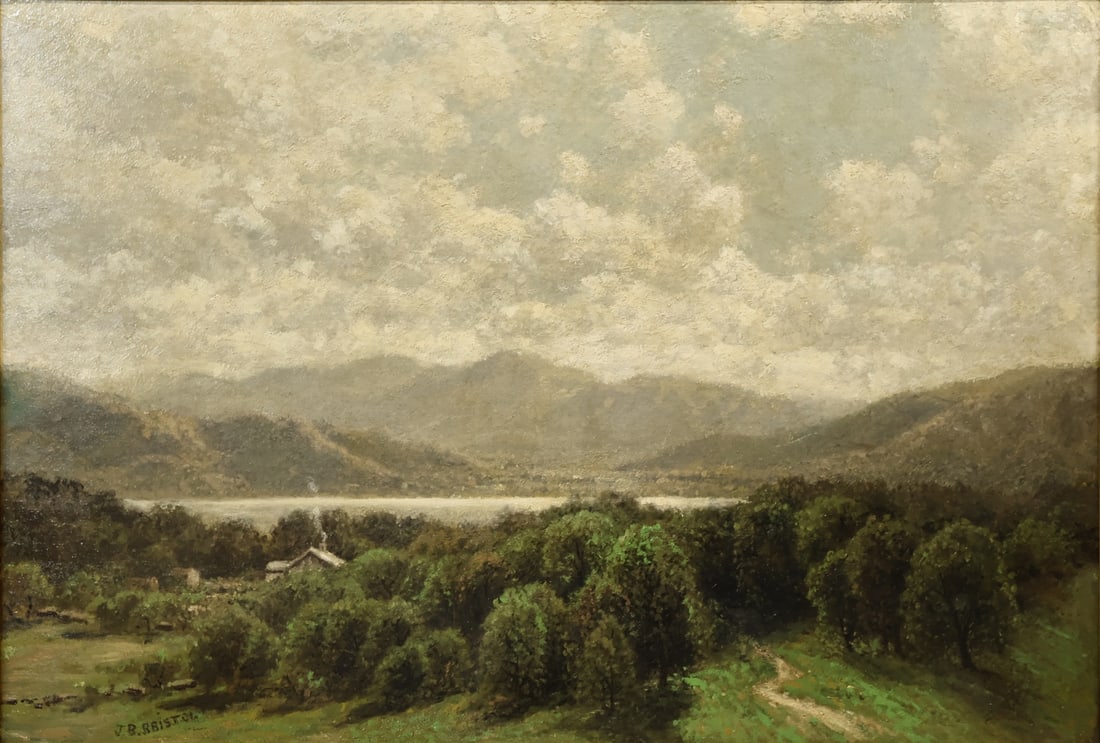JOHN BUNYAN BRISTOL (AMERICAN, 1826-1909).: Lake Champlain. Oil on board. Signed lower left. Property of a New Jersey estate. Dimensions: 25.75" h x 37.75" w. Frame: 36.75" h x 48.50" w.