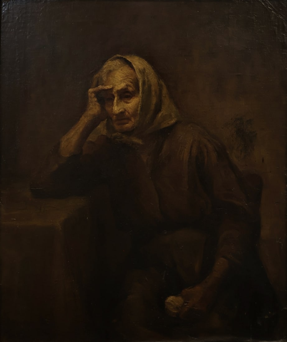 ILLEGIBLY SIGNED (19TH CENTURY).: Woman in Deep Contemplation. Oil on board. Signed lower left. Provenance: said to be Czech National Museum, Prague; Private Collection, USA, 1996; Kaminski Auctions, Beverly MA, July 25, 2021. (lot 94