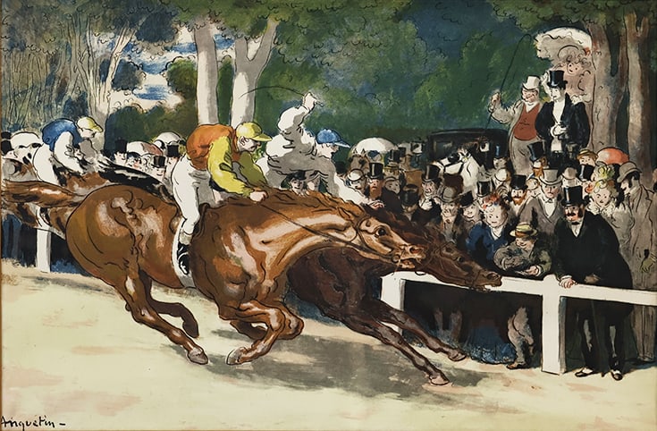 LOUIS ANQUETIN (FRENCH, 1861-1932).: Les Chasses or L'Outsider (The Races or The Outsider). Circa 1895. Lithograph in colors. Signed in plate. Property from a Bronx, NYC estate. Dimensions: Sight: 13.125" h x 19.75" w. Frame: 20.25" h x 