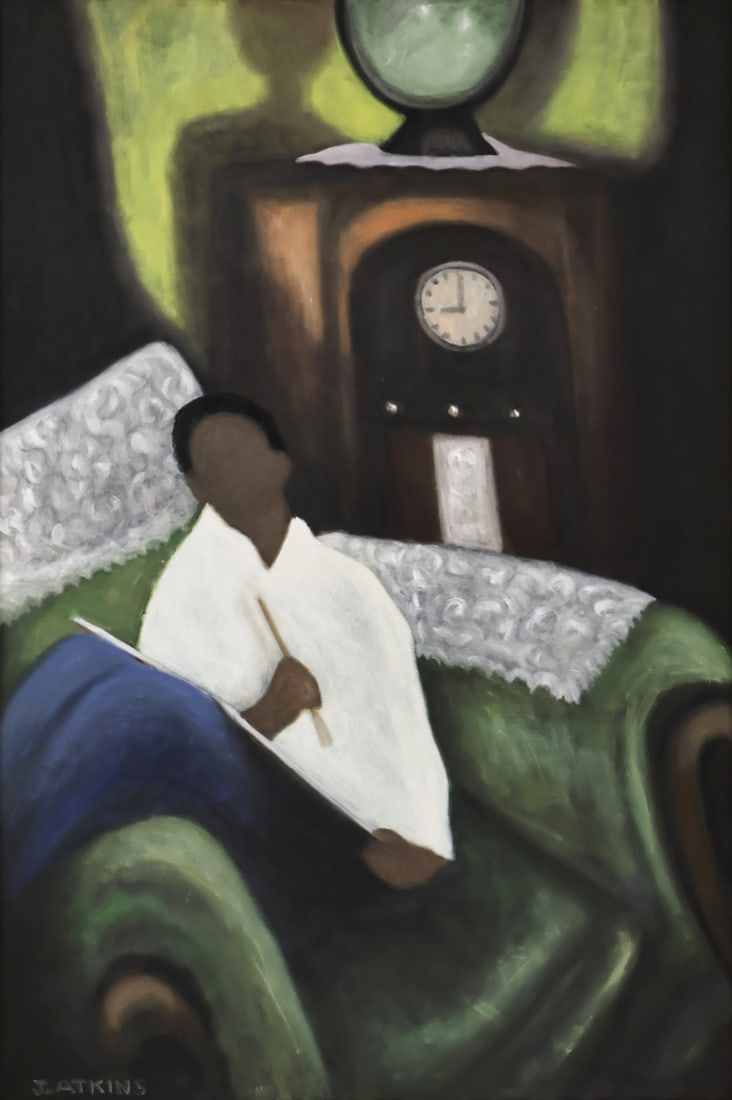 JAMES ATKINS (AFRICAN-AMERICAN, b. 1941).: Artist in Chair'. Acrylic on canvas. Signed lower left. Property from a Bronx, NYC estate. Dimensions: 36" h x 24" w. Frame: 41.25" h x 29.25" w.