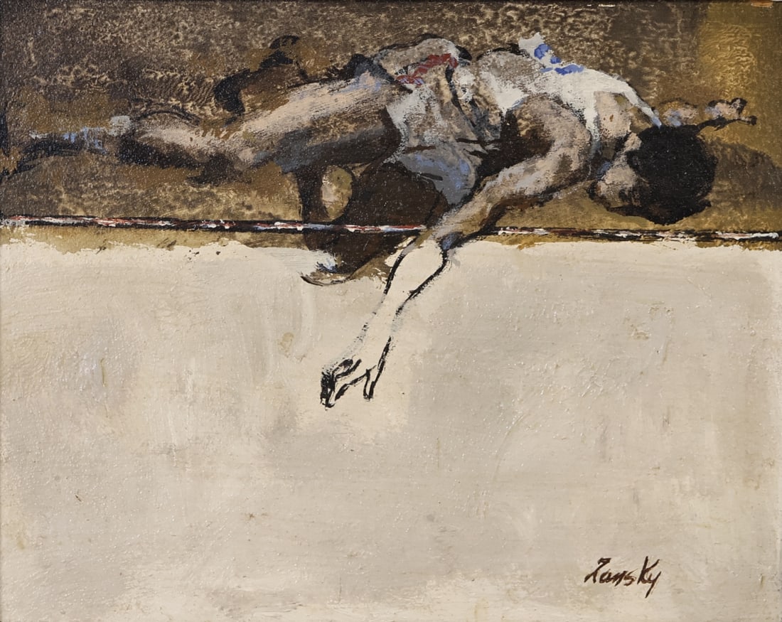 LOU ZANSKY (AMERICAN, 1920-1978).: High Jump'. Oil on board. Signed lower right. Property of a Bronxville, NY estate. Dimensions: 8" h x 10" w. Frame: 15" h x 17" w.