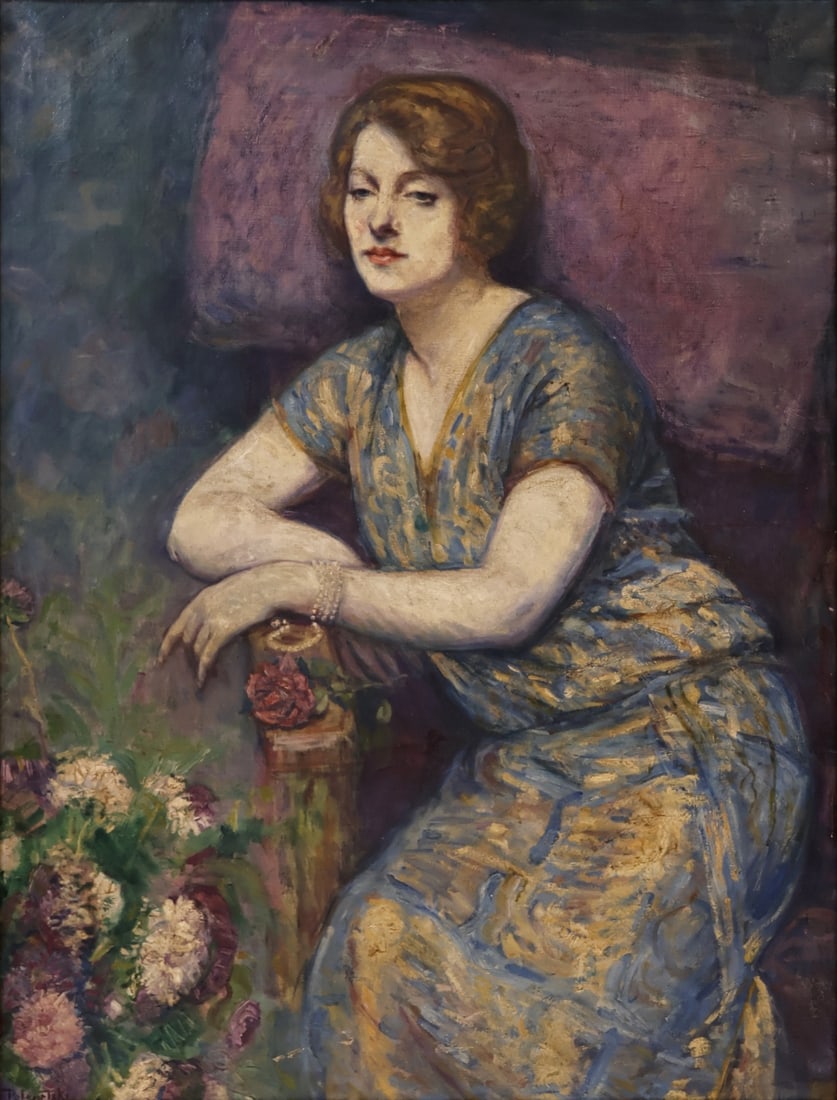 CHARLES EZEKIEL POLOWETSKI (RUS-USA, 1884-1955).: Portrait of a Lady Gazing with Flowers". Oil on canvas. Signed lower left. Property of a Scarsdale, NY estate. Dimensions: 45.25" h x 34" w. Frame: 49.50" h x 38.75" w.