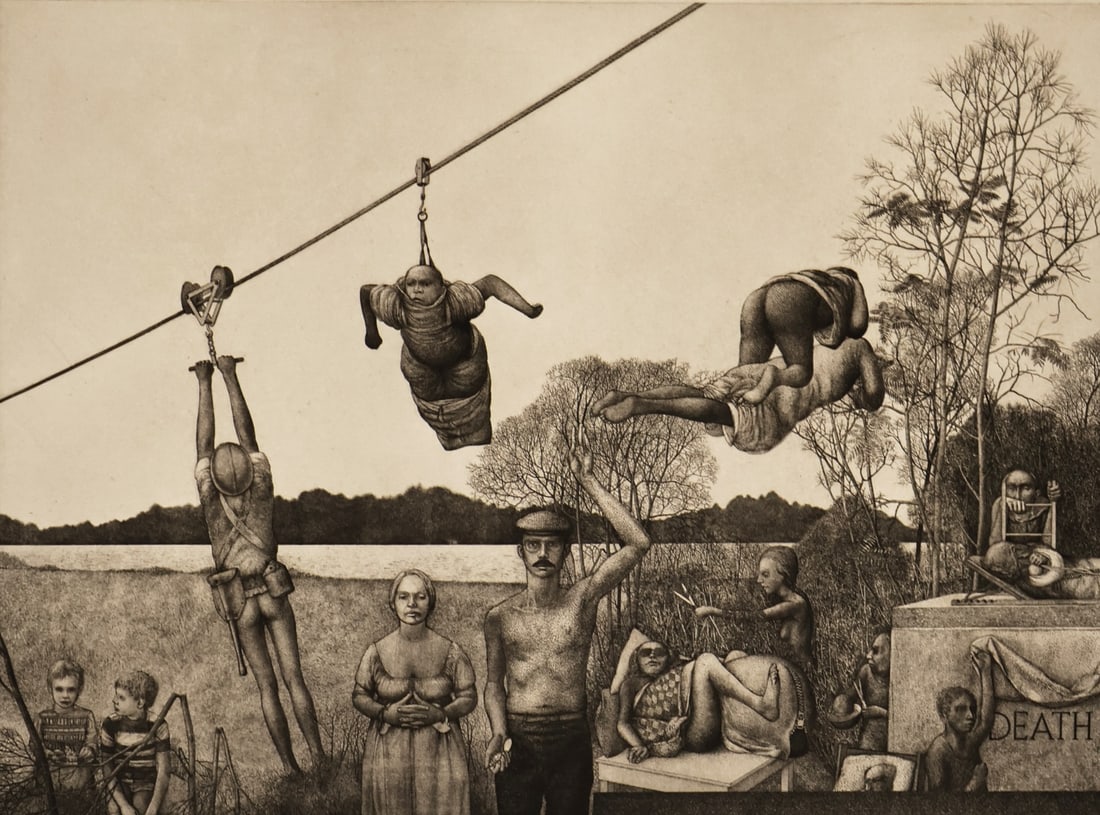 DAVID BECKER (AMERICAN, b. 1937).: A Temple in the Air'. Etching and engraving on paper. Signed, Dated,and numbered '19/75' lower middle and margins in pencil. Property of a Manhattan, NYC estate. Dimensions: Plate: 17.50" h x 23.75"