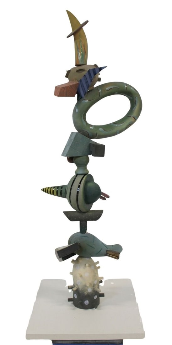 MICHAEL HOUGH (AMERICAN, b. 1956).: Tall ceramic abstract sculpture, signed M. HOUGH and dated 94. From a Scarsdale, NY estate. Dimensions: Sculpture 81" h; base 9" h x 30" x 30" and overall approximately 90" h.