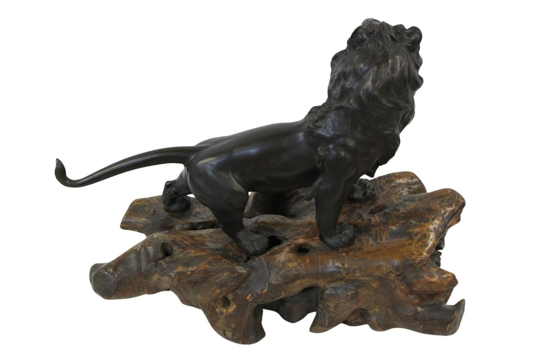 Large Meiji Bronze Lion On Wood Base.: Large, original brown patina and apparently unsigned. From a Brooklyn, NY estate. - Dimensions: Bronze only 24" x 13"