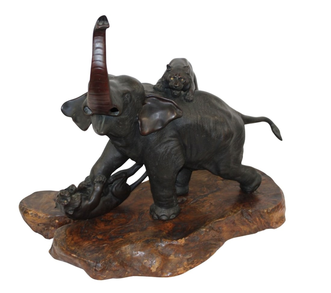 Large Signed Meiji Bronze Elephant On Wood Base.: Large and very well executed with signature under. From a Brooklyn, NY estate. - Dimensions: Bronze only 22" x27"