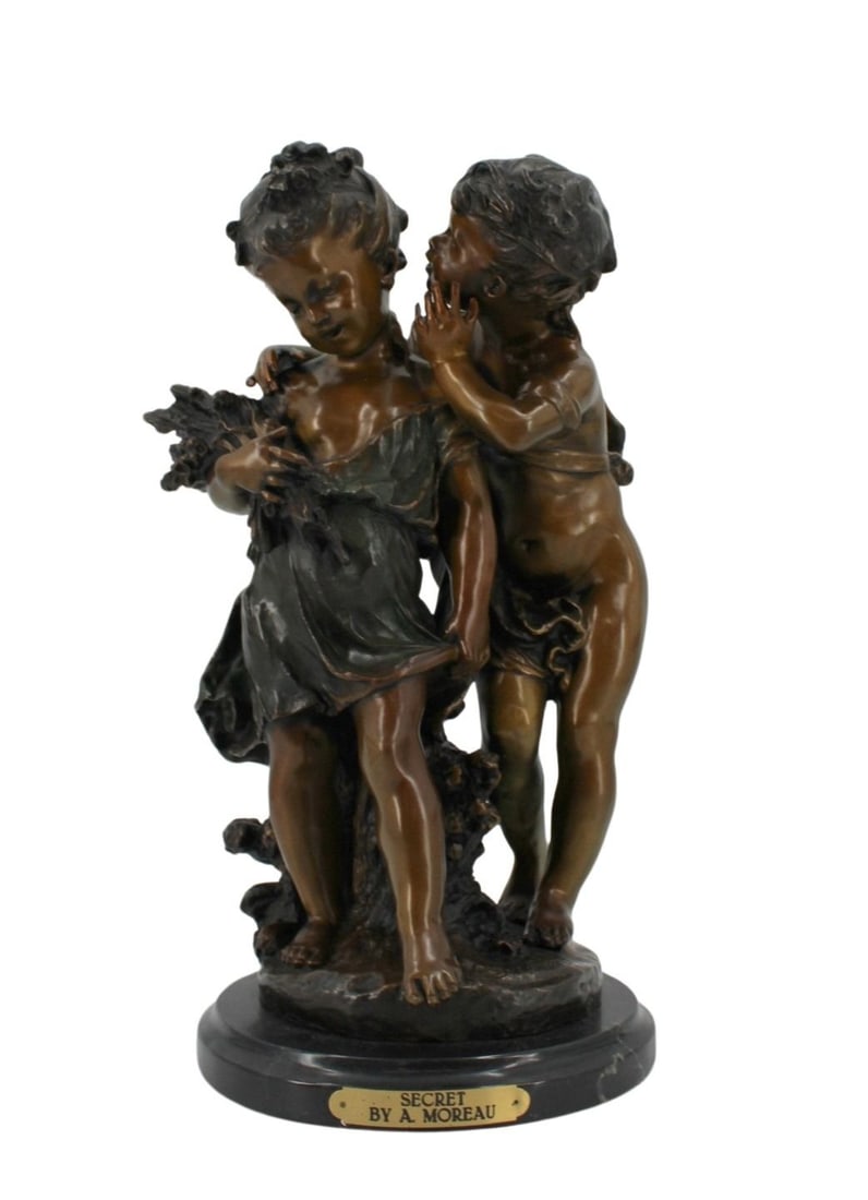 After A. MOREAU Fine Bronze Sculpture.: Large, well executed with brown patina and on marble base. From a New Jersey estate. - Dimensions: 18"H