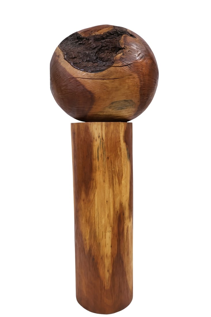 HOWARD WERNER (AMERICAN, b. 1951).: Untitled'. (Carved Wood Sphere on Stand) 2012. Wood. Signed and dated on base of sphere. Property of a Manhattan, NYC estate. Dimensions: Overall approx: 67" h; Sphere: 24" h x 18.5; Base: 45" h x 15"