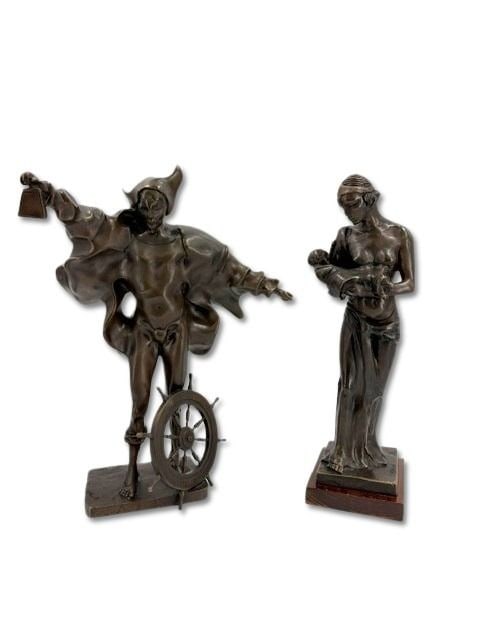UGO ATTARDI (Italy, 1923-2006).: 2 Bronzes. 1) Columbus 21" x 16.5" w x 5" deep. 2) Maternita 20.5" tall x 6" x 6.5" deep. Please check the catalog for 2 more lots of bronzes by U. Attardi. From a Scarsdale, NY estate.
