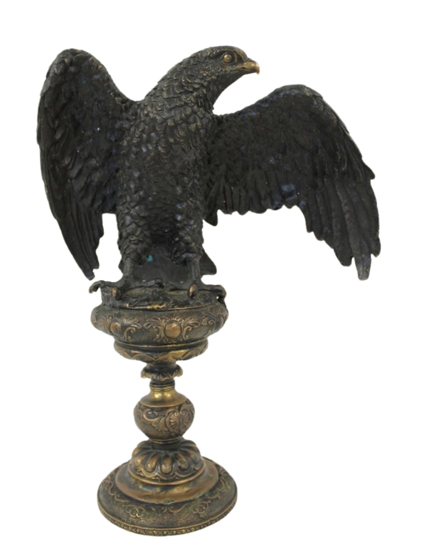 Vintage Gilt & Patinated Bronze Eagle.: Great quality bronze with Eagle spreading wings and on a pedestal base. From a New Jersey estate. - Dimensions: 17" h x 13" w x 7.5" d.