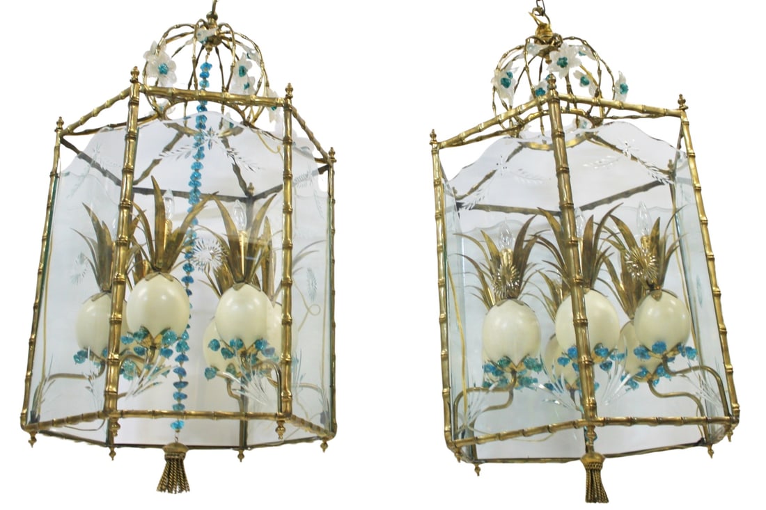 Large & Impressive Pair of Brass Bamboo Lanterns.: Each lantern displays (6) hand etched glass panels - one lantern is missing one panel. Each lantern interior displays 6 lights surrounded by brass leaves on genuine Ostrich eggs. Aqua glass beads unde