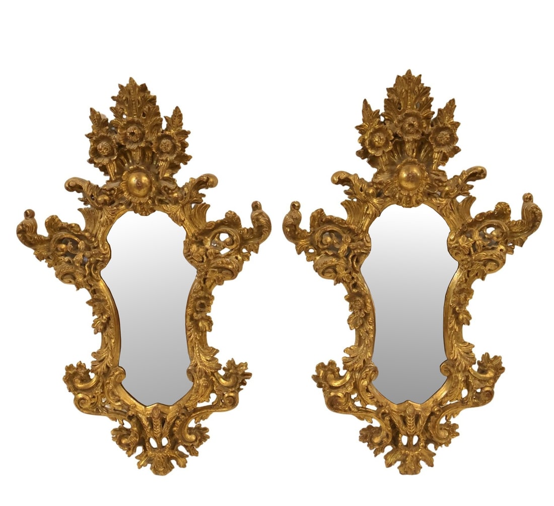Fine 18th/19th C Pair of Highly & Finely Carved: Louis X1V Style Giltwood Mirrors. Appraisal from the 1960's reads, "Pr of Louis X1V giltwood mirrors. French circa 1700. Giltwood, deeply carved with scrolling frond and floral cluster branches
