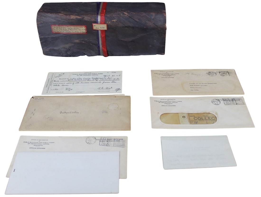 Wooden Relic From 1928 White House Restoration: A White House relic- "Block of Virginia Pine - Taken from the old roof of the White House", removed during the 1928 renovation of the roof and attic. Accompanied by a large amount of documentation. Fr