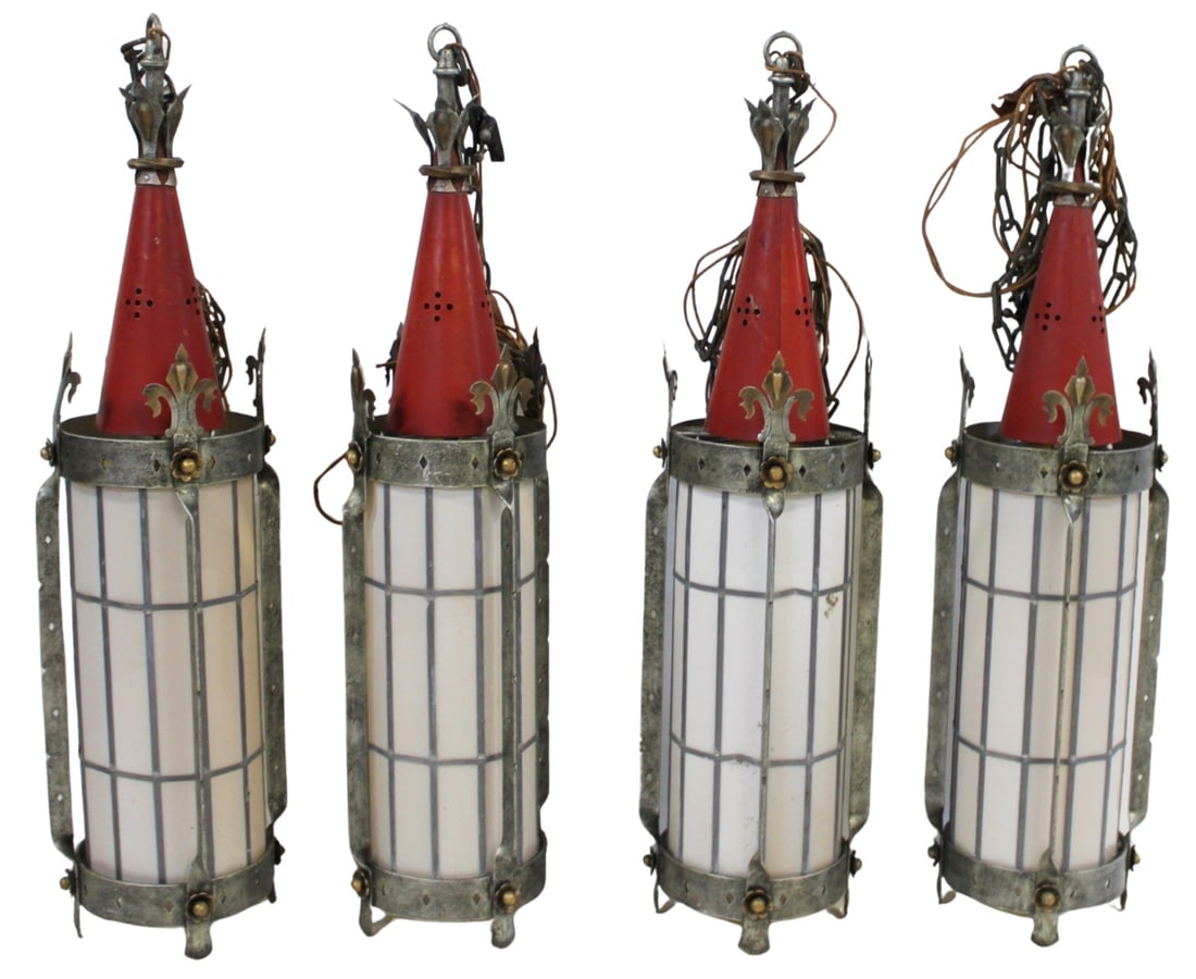 Set of 4 Antique Gothic Style Chandeliers.: A great set of 4 original chandeliers. Cone shape, paint decorated and milk glass. From a Port Chester, NY estate. - Dimensions: 40" x 12"