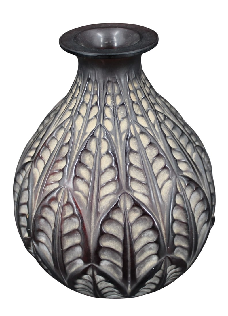 LALIQUE "Malsherbes" Red Art Glass Vase.: A beautiful Lalique "Malsherbes" vase, in red glass. Signed "R. Lalique France" in script signature on the foot, and numbered "No. 1014". From a Yonkers, NY estate. - Dimensions: 9"