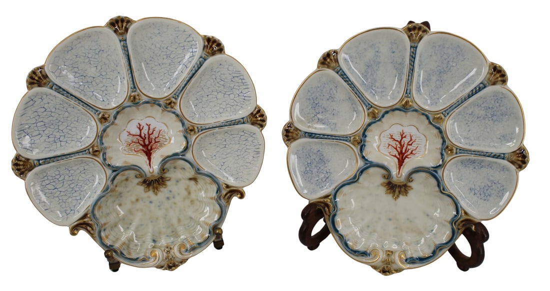 A Pair Of KPM Porcelain Oyster Plates: An unusual and fine pair of KPM Porcelain oyster plates. Marked with the blue scepter mark and the red KPM globe mark. From a Larchmont, NY estate. - Dimensions: 10" x 9.5"