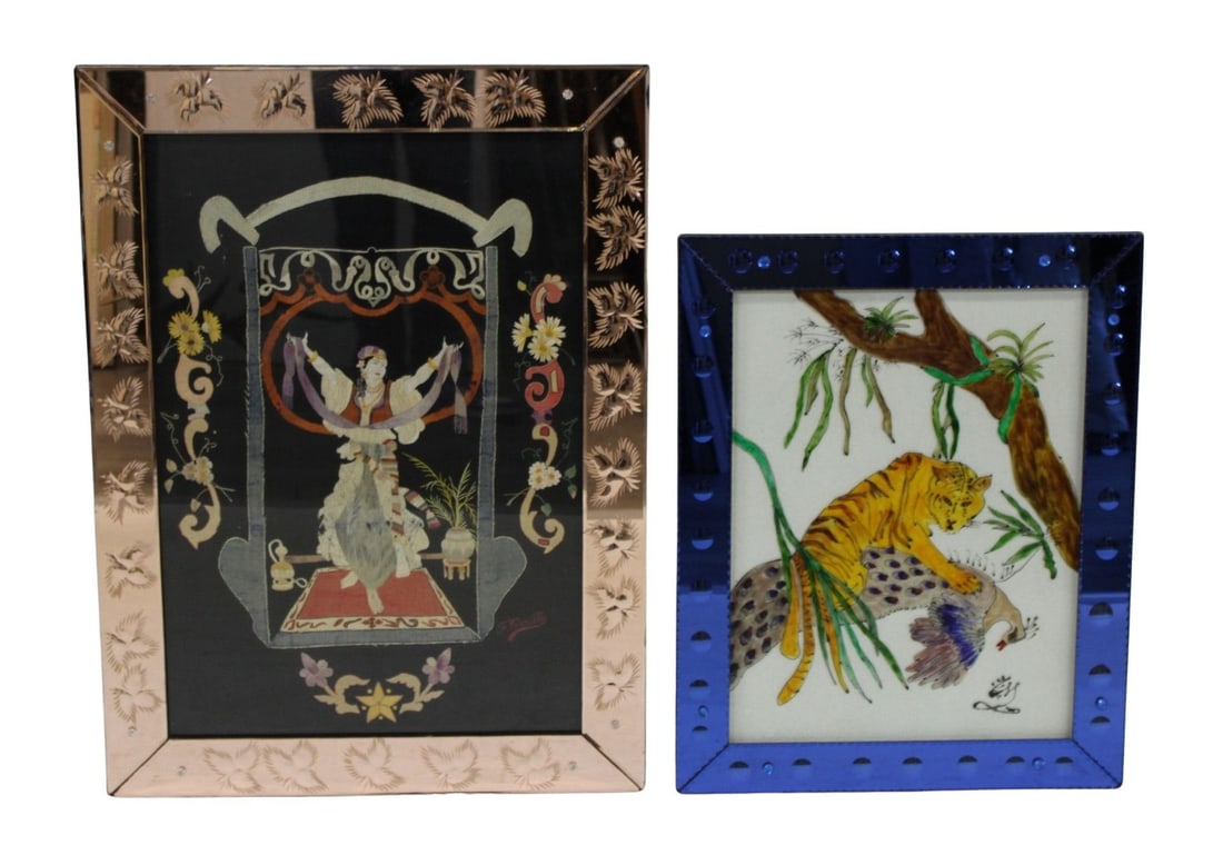 2 Vintage Art Deco Style Pieces Of Wall Art.: To include an Erte style reverse painting in an amber glass frame and a signed Lion & Peacock in cobalt glass frame. From a New Jersey estate. - Dimensions: 23.5" x 24.5" & 26" x 20"