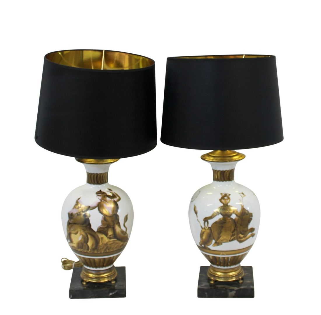 After Fornasetti Pair Of Midcentury Glass Lamps: Nice original pair with great decoration. From a New Jersey estate. - Dimensions: Appr. 23.5" h to finial
