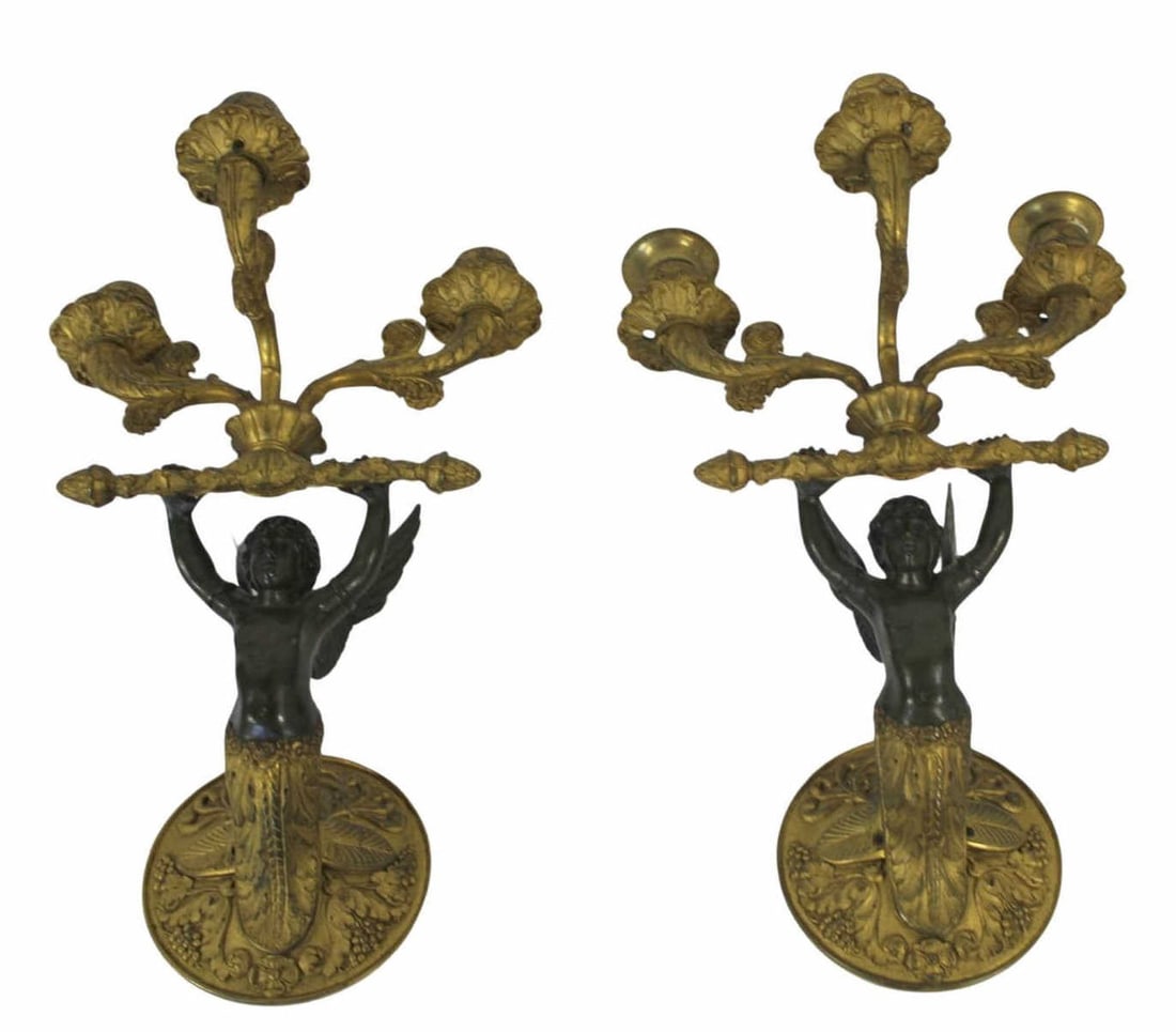 Pair of Empire Gilt & Patinated Bronze Figural: Sconces. The best of quality and very nice patina. From a Garden City, Long Island estate. - Dimensions: 16" h x 8.5" w.