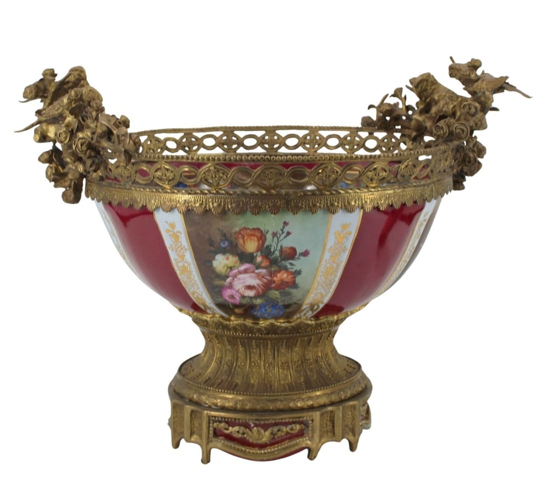 DRESDEN Large Bronze Mounted Porcelain Centerpiece: Bowl. Monumental paint decorated porcelain bowl with Dresden mark mounted in bronze. From an Ossining, NY estate. - Dimensions: 17" x 24"
