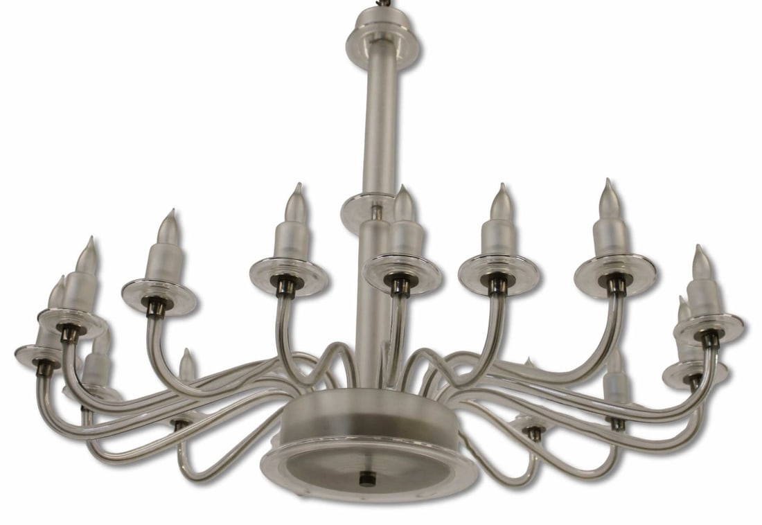 Large & Impressive Art Deco Style 16 Light Frosted: Glass Chandelier. Great size and looking. From a Scarsdale, NY estate. - Dimensions: 32" h x39" w x 27" d