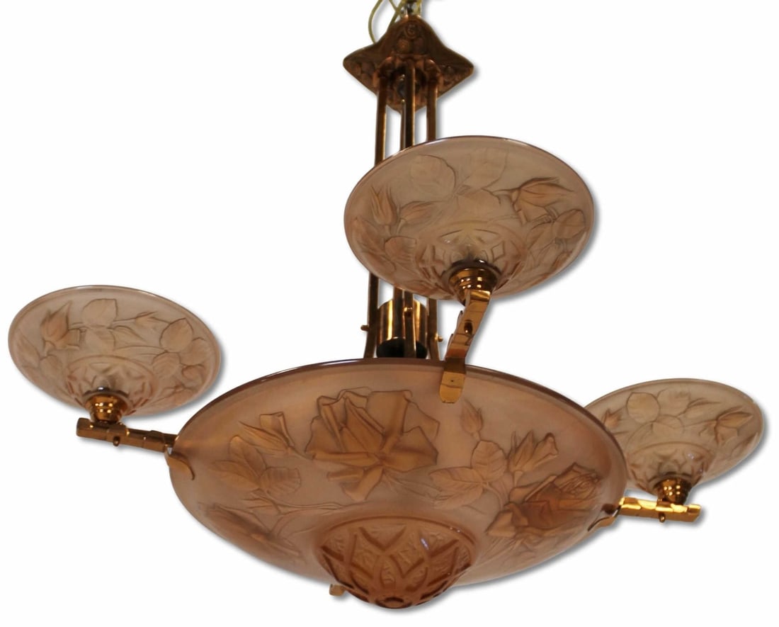 M. MODEL VERDUN French Art Deco Chandelier.: Beautiful chandelier with Four Lights surrounding the center light in a Peach/Pink colored glass and etched roses. Signed M.Model (Maurice Model) and signed Verdun From a Scarsdale, NY estate. - Dimen