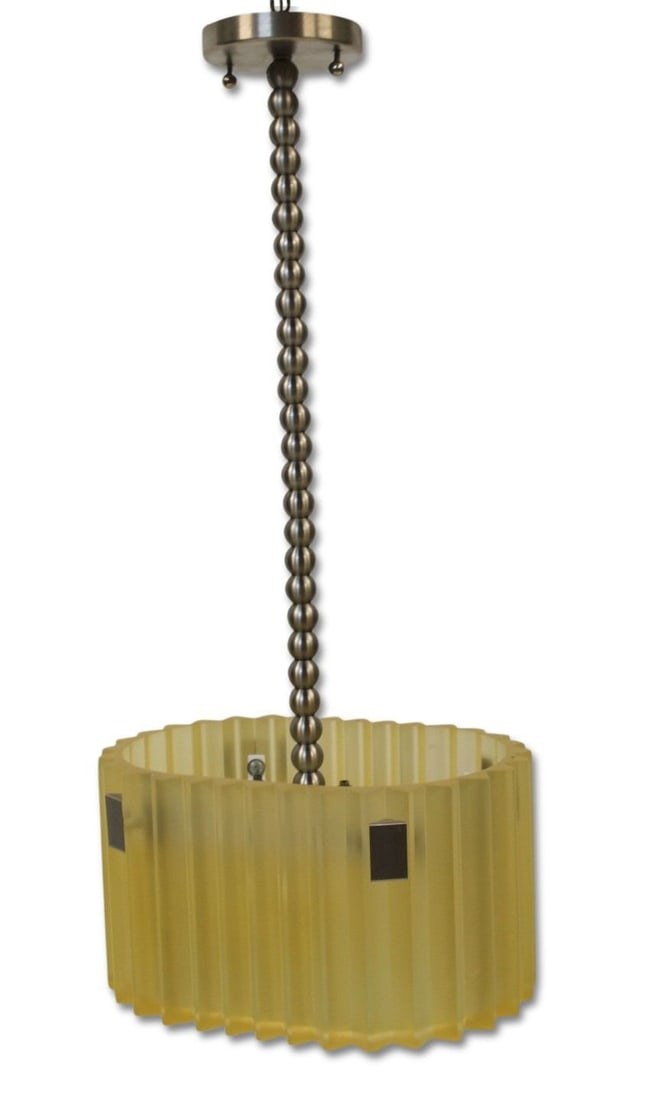 SIRMOS Signed Art Deco Style Glass Chandelier.: Great chandelier with chrome beaded style chain and amber glass. From a Scarsdale, NY estate. - Dimensions: 35" h x 16.50" w x12" d