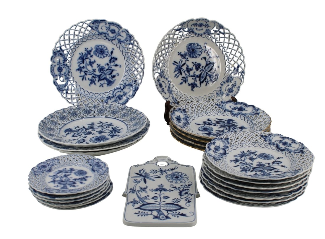 MEISSEN Lot Of Assorted Reticulated Porcelain: Plates. To include: 4 crossed sword (9"), 1 bowl (9.5"), 1 hanging (9.75" x 6"), 7 cross sword (8"), 6 marked Meissen (6") & 4 marked Meissen (10"). From a Harrison, NY estate.