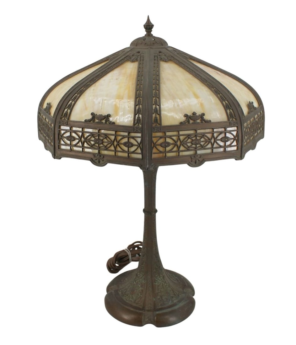 Antique Arts & Crafts Slag Glass Table Lamp.: From a Westchester County, NY estate. - Dimensions: 24" h x 18" dia.