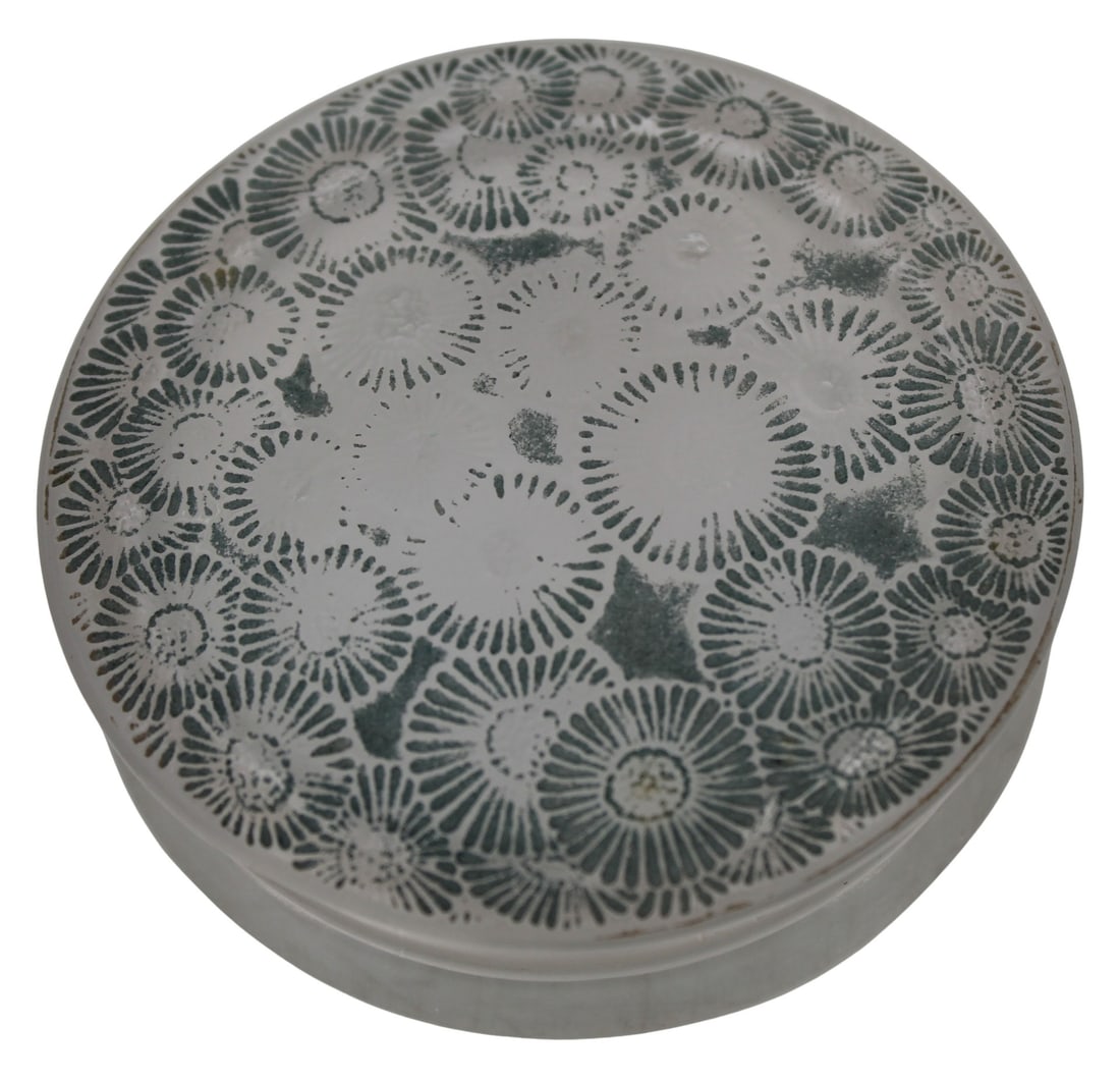R. Lalique France Marguerites Small Glass Box: R. Lalique small covered glass box, signed "R. Lalique" (block signature), "France" (script), "No. 69" (perhaps 59?). From a NY, NY estate. - Dimensions: 3.25"