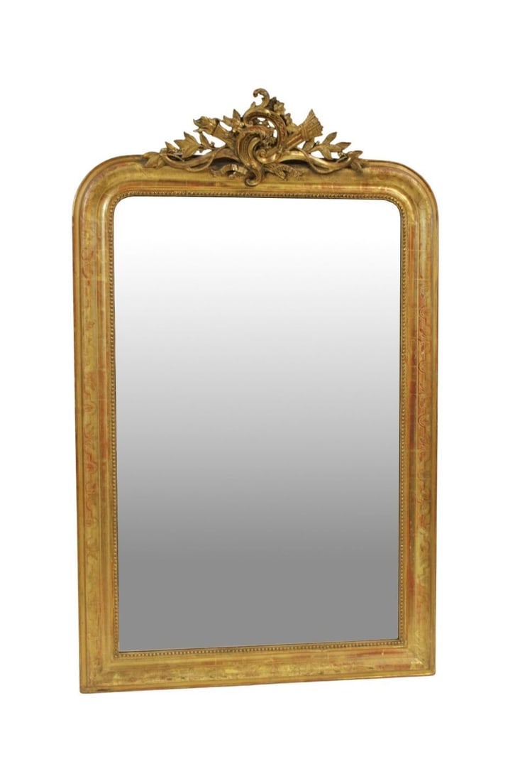 Antique Carved & Giltwood Pier Mirror.: Good large size with nice original patina, etched frame and carved arrow and leaf crown. From a Bedford, NY estate. - Dimensions: 64" h x 40" w.