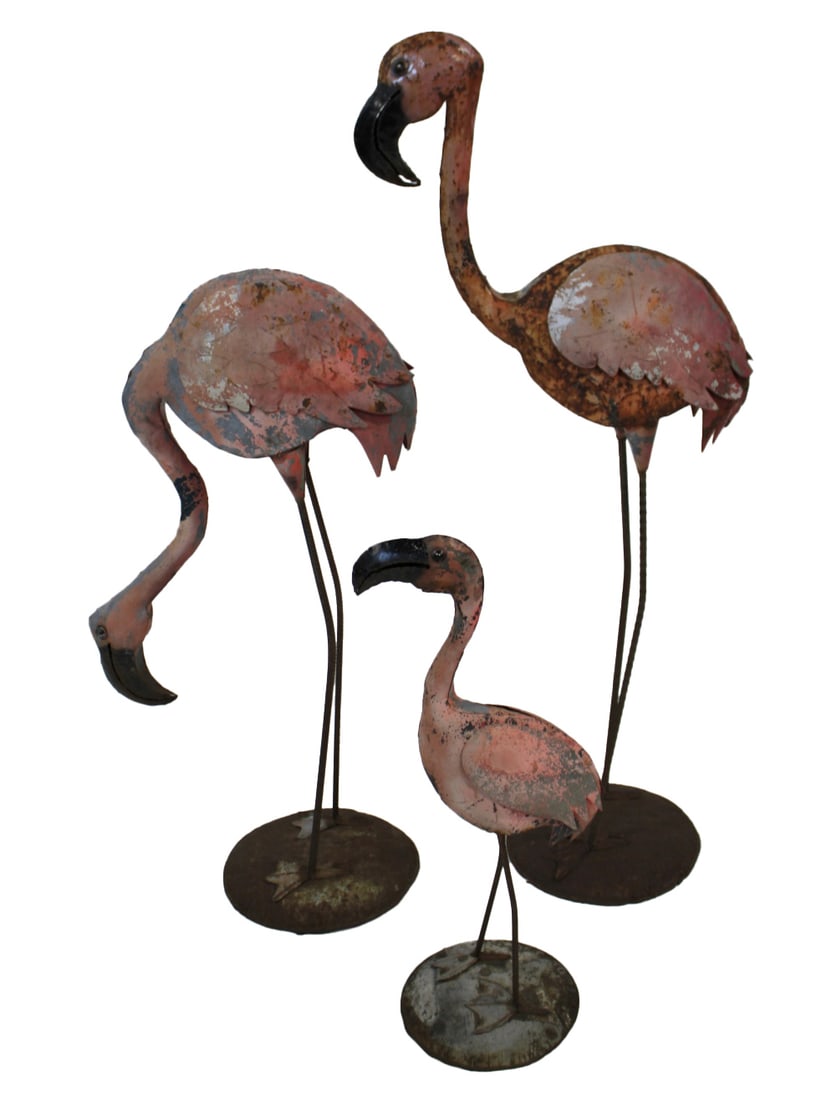 Lot Of 3 Vintage Painted Metal Flamingos.: A great vintage lot of a Flamingo family. From a Lexington Ave, NYC estate. - Dimensions: 62" h x 48" h & 35" h.