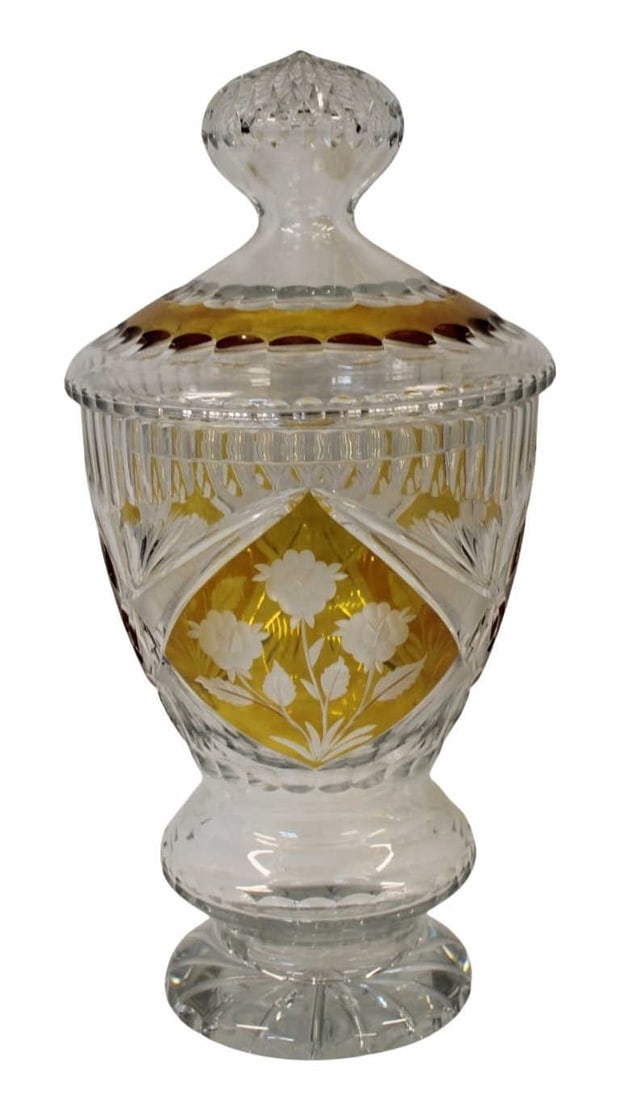 Large Fine Cut Crystal Amber to Clear Lidded: Centerpiece. From a Garden City, LI estate. - Dimensions: 19"h x 9"d