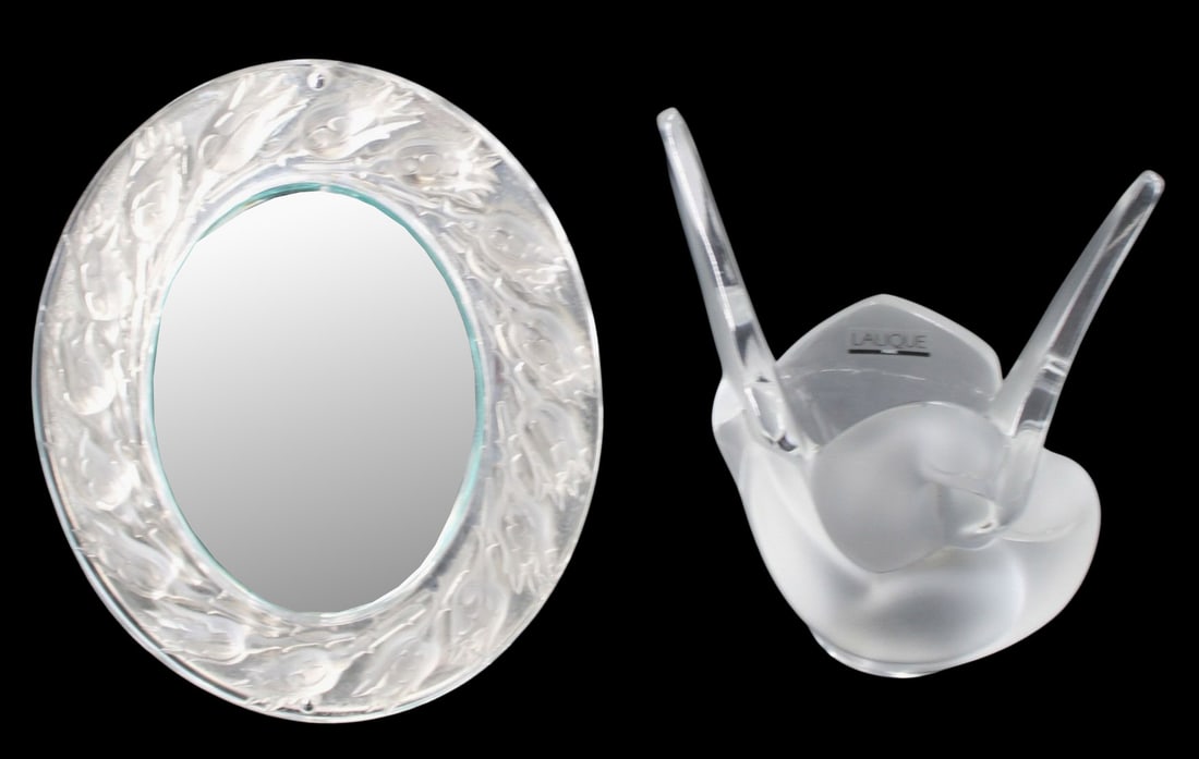 LALIQUE Table Mirror Together With A Dove: Lalique Boutons de Roses table mirror with opalescent glass with embellished roses on stainless steel mounts. Also Lalique, France "Sylvie" art crystal vase, in the form of two embracing doves, retain