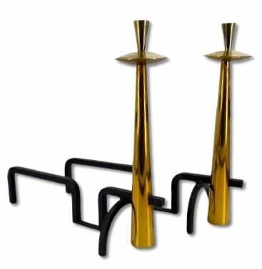 Midcentury Modern Andirons: Vintage Mid-century Modern Andirons. From a New Rochelle, NY estate. - Dimensions: 17.50" h x 19" d