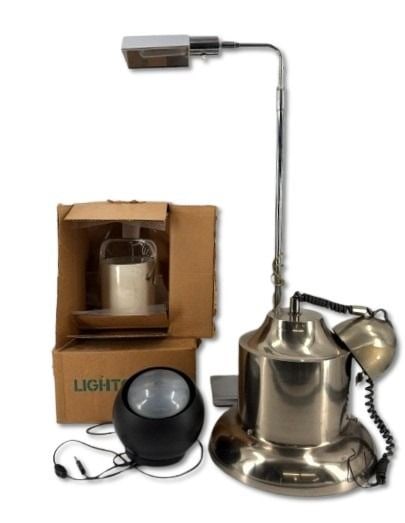 Modern Industrial Lighting Grouping: to include 2 new old stock in box Lightolier in white (12"h approx) 1 Chrome Floor Lamp adjustable height (44"h ) Small Black light (6"h x 23"d) and Large Chrome hanging Light (14"h x 45"d) . From a N
