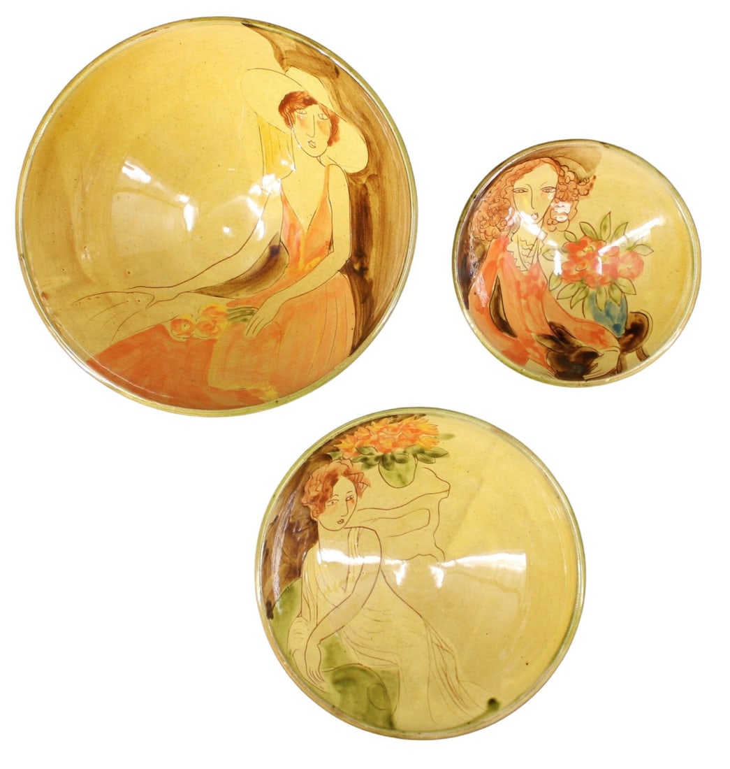Group of 3 Ceramic Art Bowls Depicting Women.: Includes a small ceramic bowl with woman in orange; medium ceramic bowl with woman in white; Large ceramic bowl featuring a woman in a sun hat. Illegible signature on exterior wall of each. From a Ros