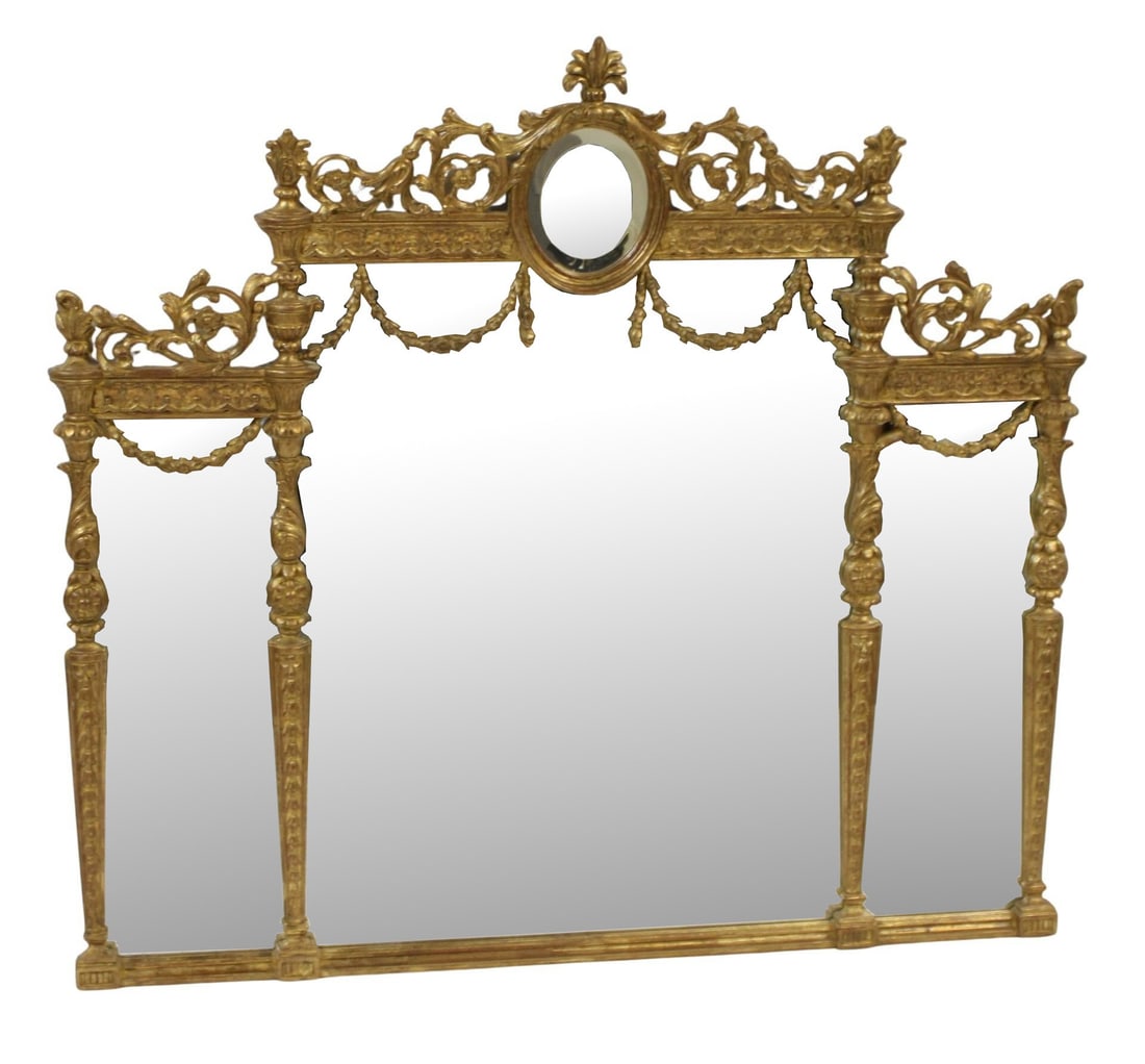 Vintage Italian Carved Giltwood Over Mantel Mirror: Good large size with great patina and marked Made in Italy. From an Ossining, NY estate. - Dimensions: 46" x 50"