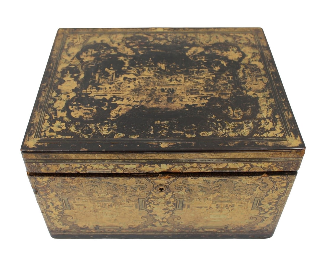 Antique Chinoiserie Decorated Tea Caddy ?: From a Riverdale NY estate. - Dimensions: 8" x 13.5" x 10"