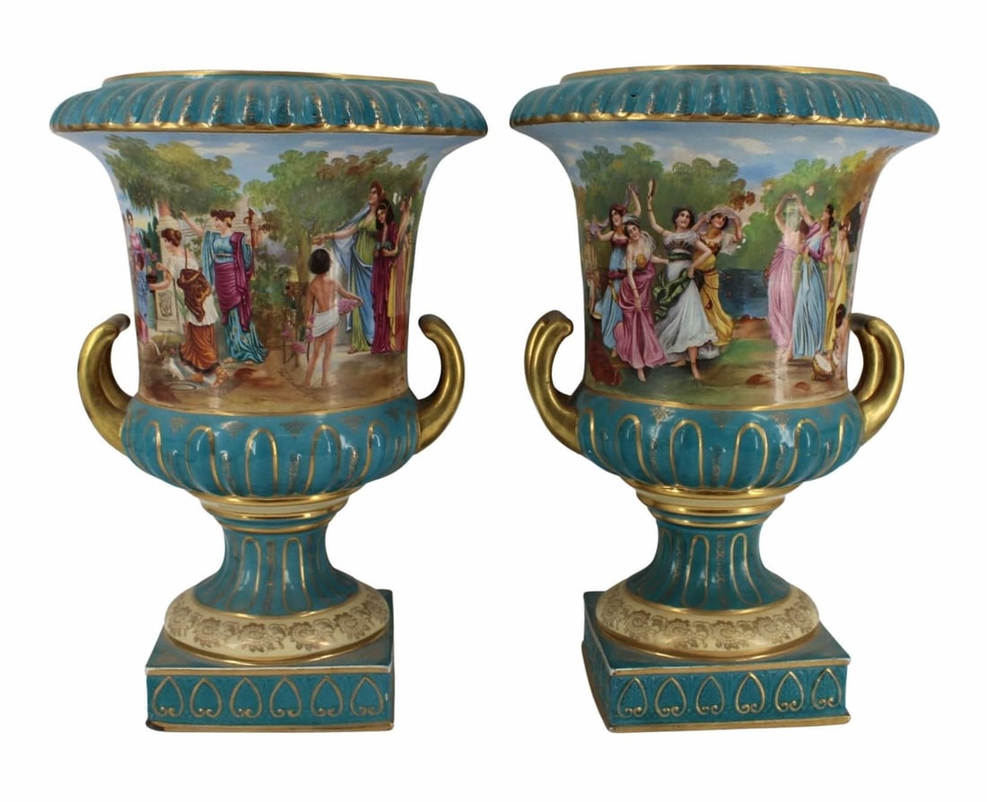 Pair of Large Ceramic Classical Style Urns.: Large and nice quality. Decorated with frolicking girls. From a Yonkers NY estate. - Dimensions: 16.50" h x 11.50" w