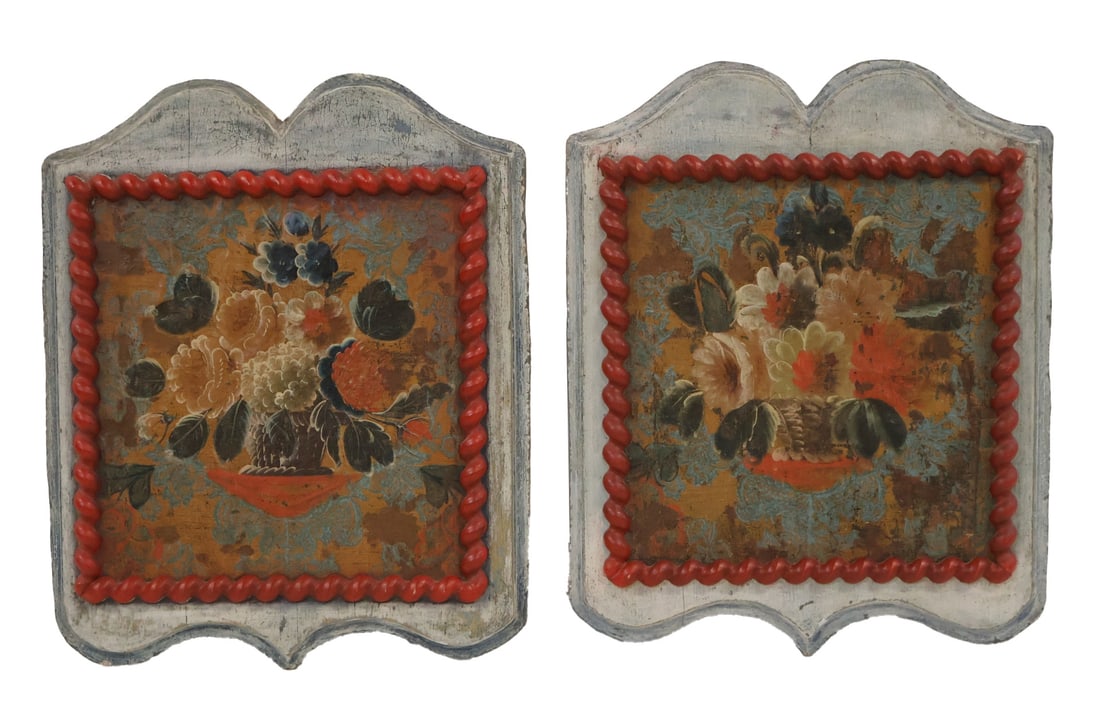 A Pair Of Antique French Painted Wood Plaques.: Featuring still-life floral in a basket. From a Larchmont, NY estate. - Dimensions: 28" x 23"