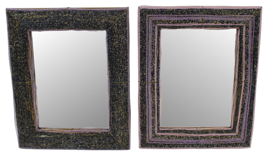 Pair Of Hand Made Artisan Beaded Glass Mirrors.: The heavy and quality frames covered with glass beading. From a New Jersey estate. - Dimensions: 35.50"h x 28.50"w