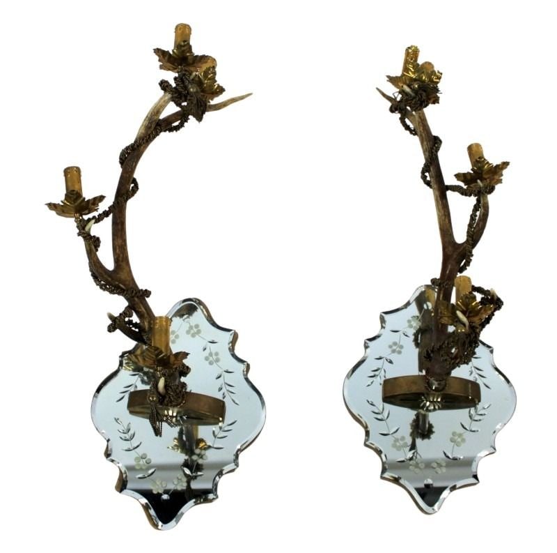 A Vintage Pair Of Adirondack Style Antler Sconces: Good large size and with nice etched mirror back. From a New Jersey estate. - Dimensions: 30" x 18"
