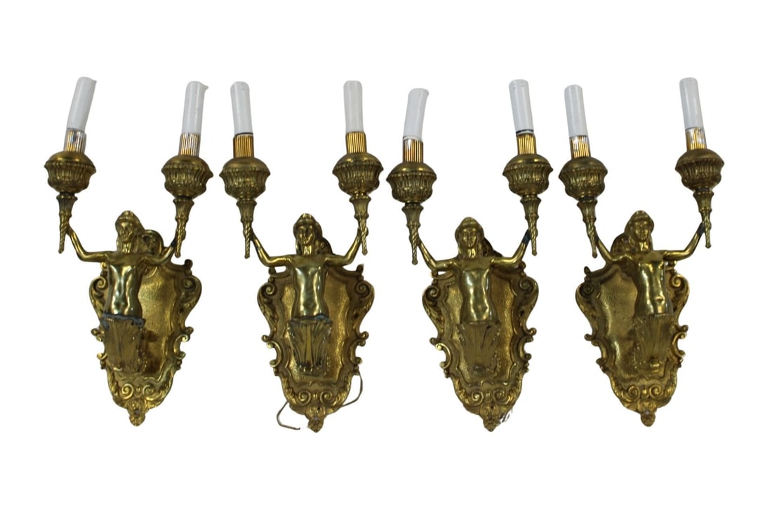 4 Fine Antique Gilt Bronze Figural Sconces: Nice quality and patina with figures holding up 2 arms and a shield style back. From a New Jersey estate. - Dimensions: 18.50" x 9" x 6.50"