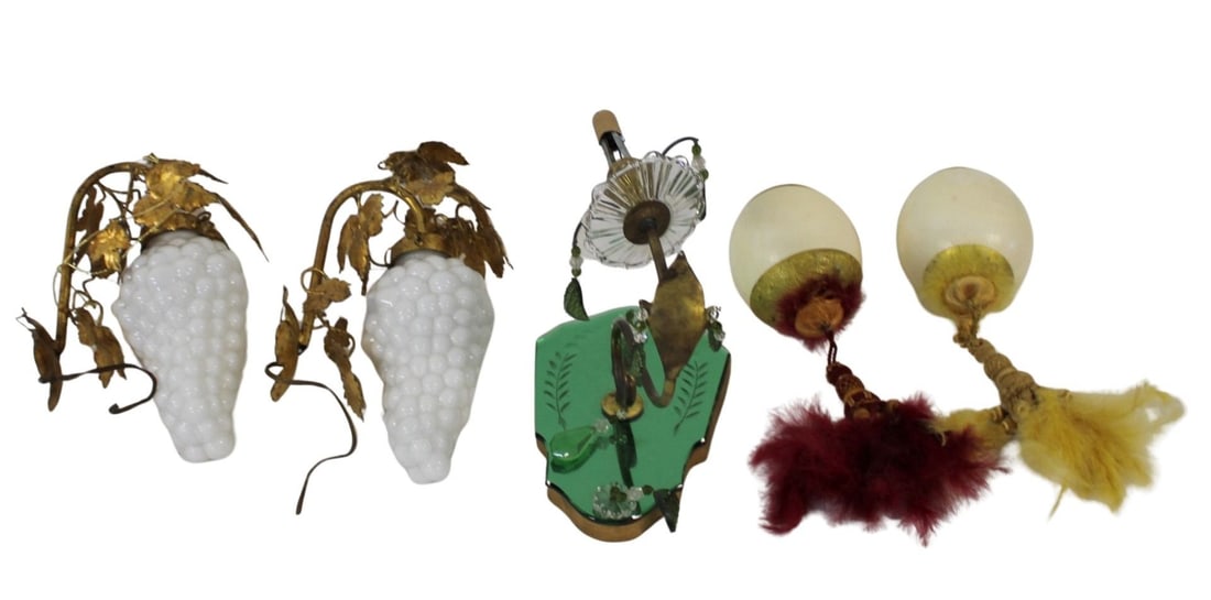 3 Sconces & A Pair Of Ostrich Eggs: Decorative grouping to include a pair of gilt metal & Glass grape cluster sconces (12" x 8"), a single mirror back sconce (10" x 10") and a pair of Ostrich eggs (7"). From a New Jersey estate.