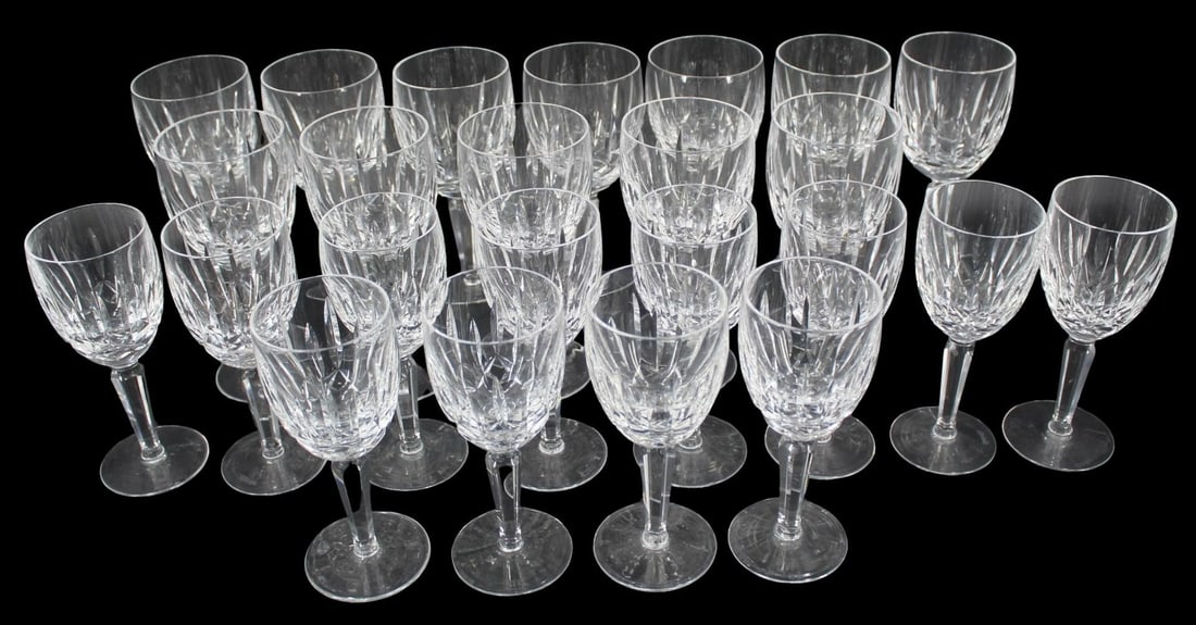 24 Waterford Kildare Stems Water & Wine: To include 12 water glasses (7") and 12 wine glasses (6.5"). From a Pleasantville, NY estate.