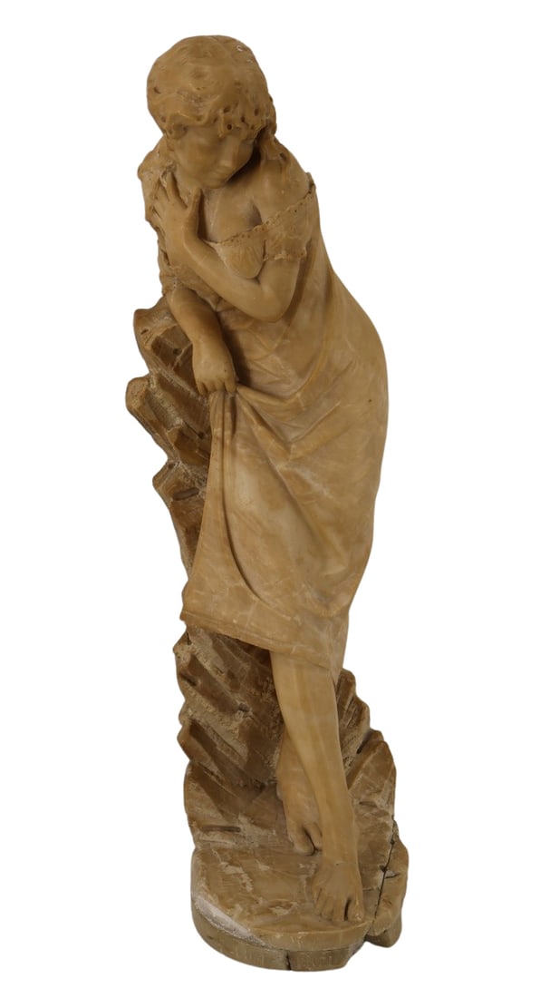 ILLEGIBLY Signed Alabaster Sculpture Of A Girl: Well executed, tall and signed on the base. From a Yonkers NY estate. - Dimensions: 30" h