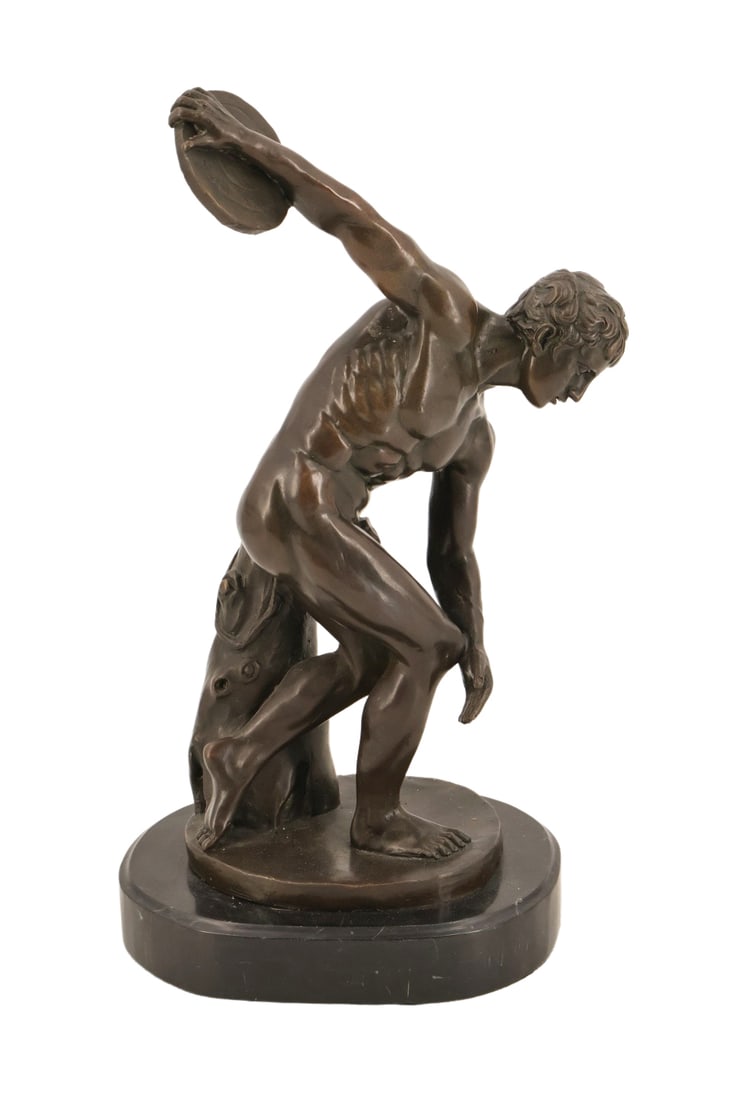 Unsigned Bronze Discus Thrower Sculpture: Nice quality, patina and raised on marble base. From an Ossining NY estate. - Dimensions: 15" h
