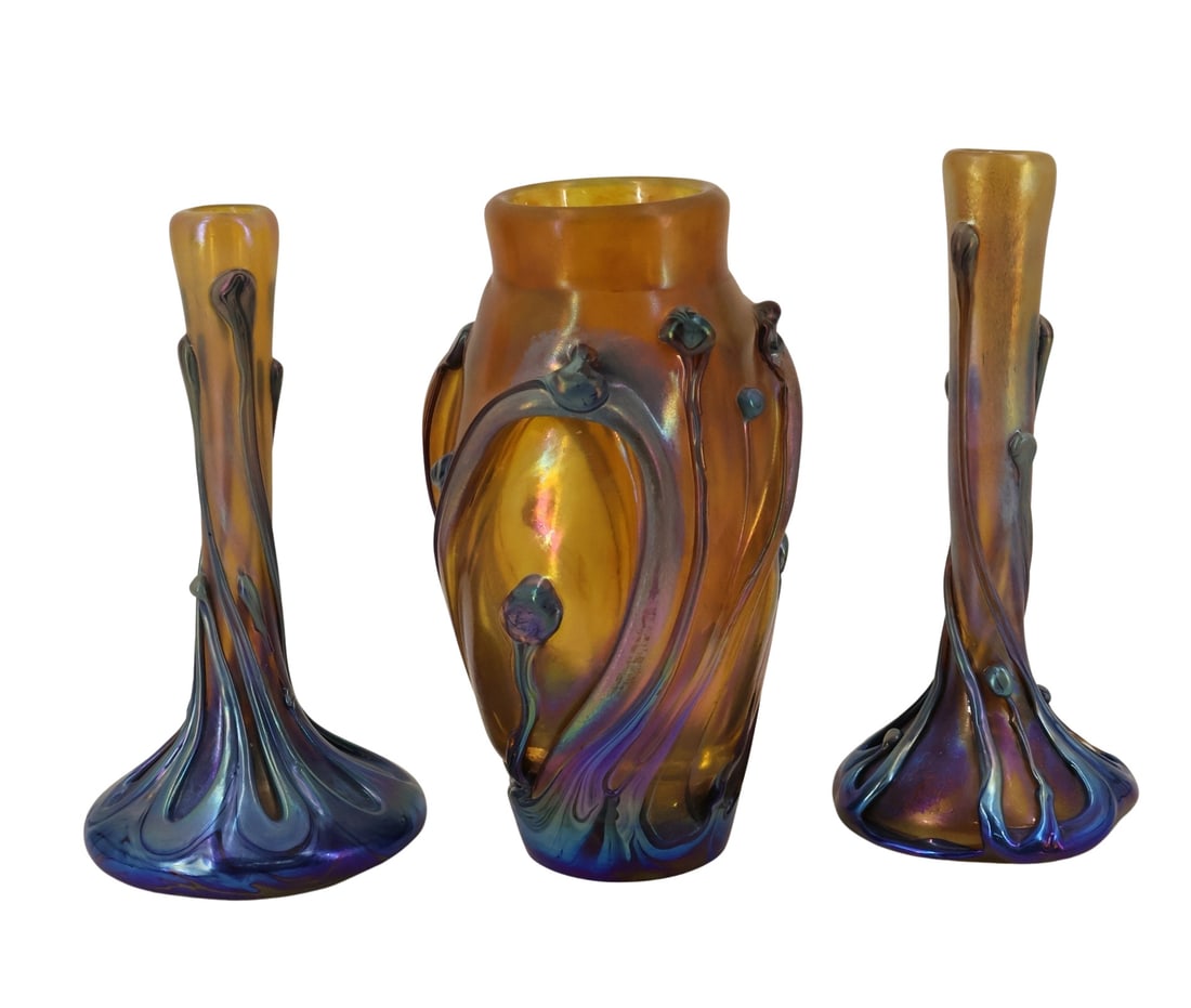 BRANLY Signed Art Glass Garniture Set: Lot of 3 vases signed BRANLY on base. From a Greenwich CT estate. Dimensions: 13"h and 12" h.