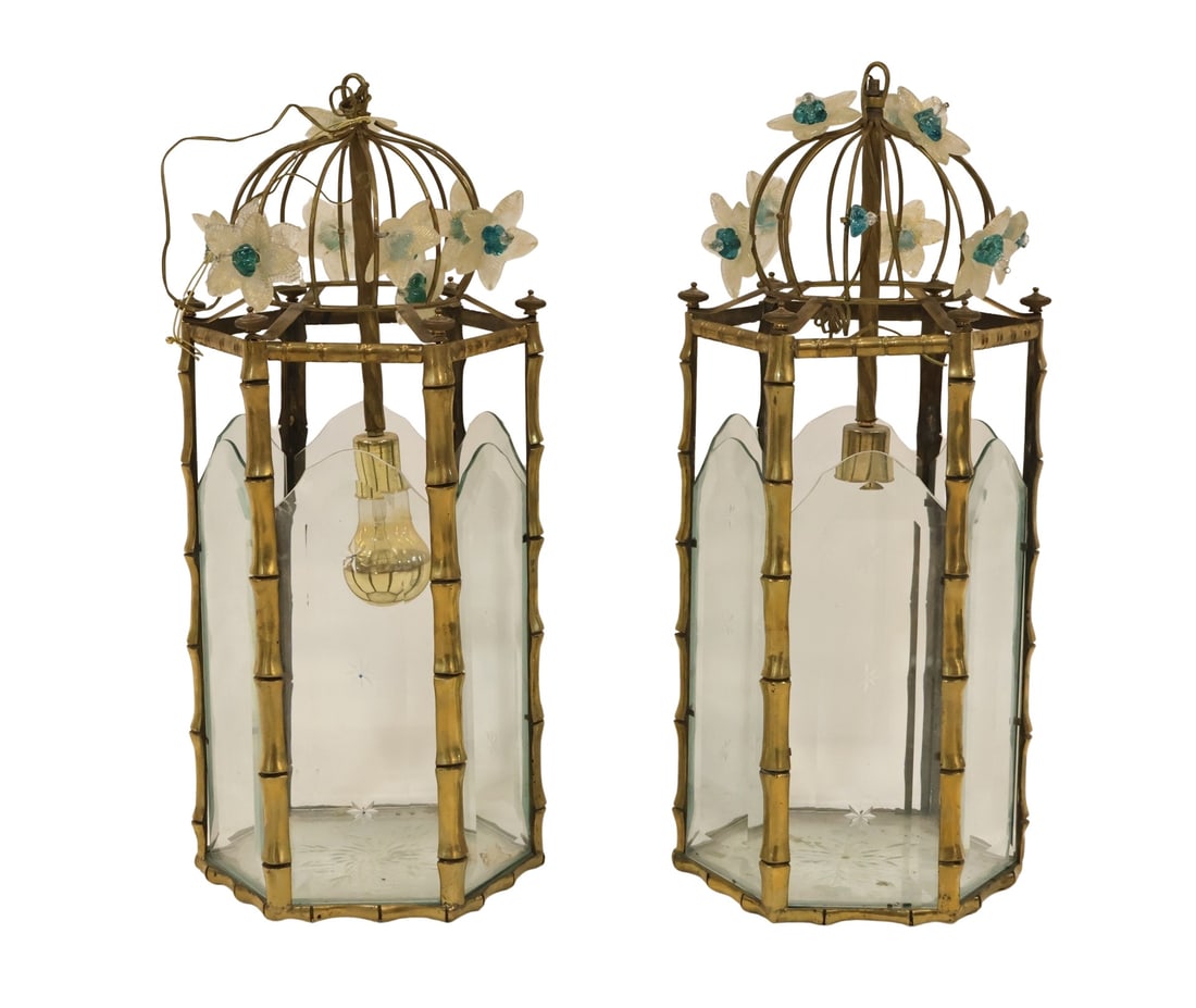 Vintage Pair Of Brass Lantern Style Chandeliers.: Good large size with beveled glass panels and Murano style clear & turquoise flowers on top. From a New Jersey estate. - Dimensions: 26" x 9.5"